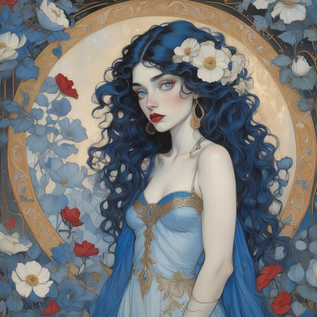  grunge style a painting of a woman with flowing curly hair, bright blue eyes, and red lips, wearing a blue dress with gold accents, surrounded by white flowers. painting by arthur rackham and egon schiele depicting a fair skinned goddess, striking blue eyes, long wavy black hair, blue and white anemones, deep blue morning glories, crimson poppies, cream and peach toned roses, filigree, ornamental metallic gold details, hidden ears, no visible jewelry, delicate freckles, subtle golden highlights, soft pink lips, ethereal beauty, golden embellishments, cosmic motifs, crescent moon, stars, art nouveau style, iridescent hummingbirds, silken garment, blue and muted gold hues, luxurious, dreamy atmosphere. . textured, distressed, vintage, edgy, 