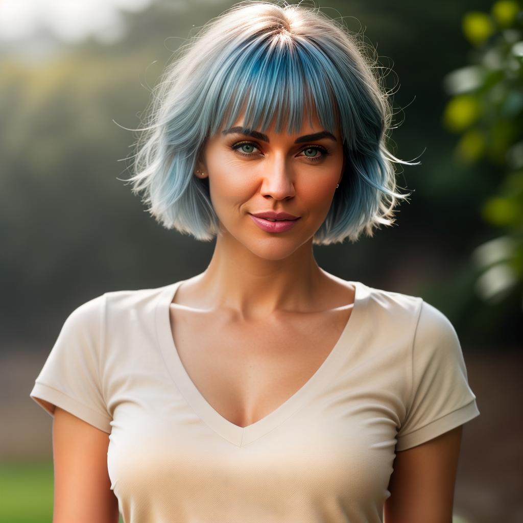  (((realistic full torso frontal head shot of a light beige to medium tan skin tone woman))), kerstin anna schmidt, ((caucasian heritage)), immature face, blue eye color, ((pixie cut hair style)), ((blue hair color)), (( body type)), small size, fat size, (immature flat nose), (immature defined cheekbones), (immature angular jawline), (immature full lips), (immature wide forehead), (immature even eyebrows), (immature dimpled chin), standing straight looking directly into the camera,((wearing fitted polo shirt with deep v neck and monogrammed pocket)), backyard in background, 1girl, best quality, highest quality, award winning photo, masterpiece, raw, professional photography, photorealism, sharp focus, cinematic, high  hyperrealistic, full body, detailed clothing, highly detailed, cinematic lighting, stunningly beautiful, intricate, sharp focus, f/1. 8, 85mm, (centered image composition), (professionally color graded), ((bright soft diffused light)), volumetric fog, trending on instagram, trending on tumblr, HDR 4K, 8K