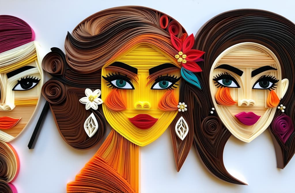  different beauty. women's heads of different nationalities. in quilling style. ar 3:2 {prompt}, maximum details