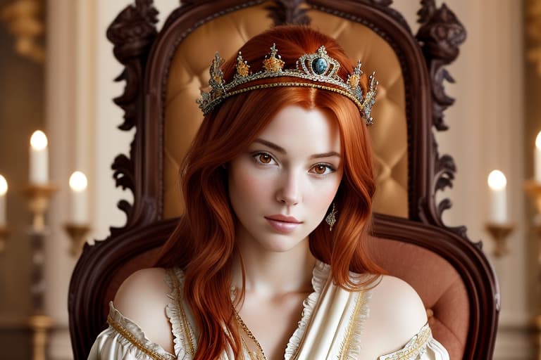  Portrait of a beautiful auburn - haired woman with a guilded crown sitting on a throne with heightened detail