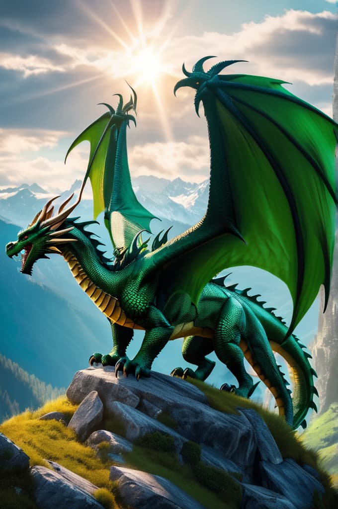  some two or three diferent green dragons on one picture on flight with big wings on the mountains with sun and nature and with horns and look scary and friendly, 4k