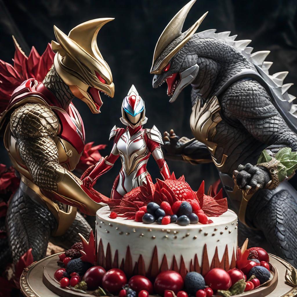  ultraman, ultraman tiga and godzilla at a cake party hyperrealistic, full body, detailed clothing, highly detailed, cinematic lighting, stunningly beautiful, intricate, sharp focus, f/1. 8, 85mm, (centered image composition), (professionally color graded), ((bright soft diffused light)), volumetric fog, trending on instagram, trending on tumblr, HDR 4K, 8K