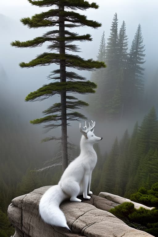  (upper angle)) from the back half rotated, (((near plan))). the mysterious creature sits on a rock ledge, clouds of mist swim below through the tops of the pine trees. the creature looks like a graceful white fox with deer horns and (very long:1.3) white tail. light interspersions of red spots in the tail area