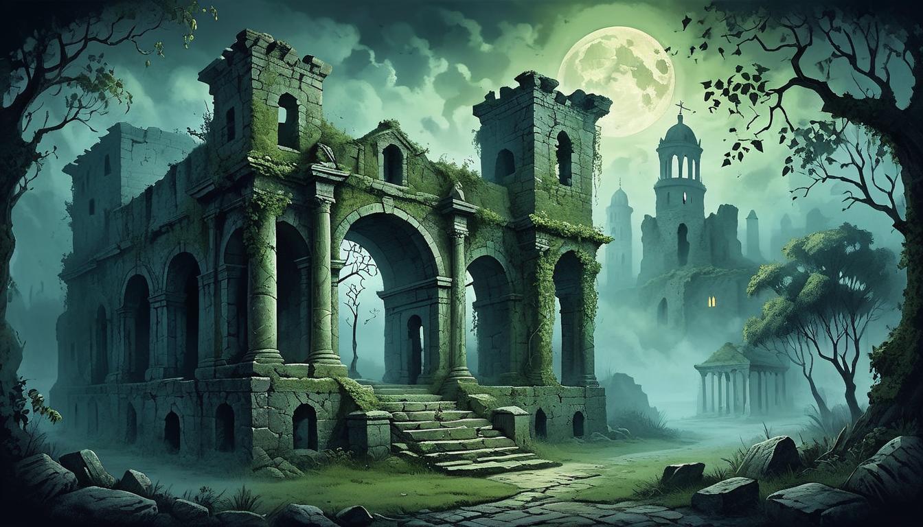  on parchment, surrealism+++, ancient ruins under a moonlit sky, crumbling stone structures, ivy covered walls, ghostly mist enveloping, shadows and light interplaying, mystical, eerie(mysterious, provocative, symbolic,muted color)+++