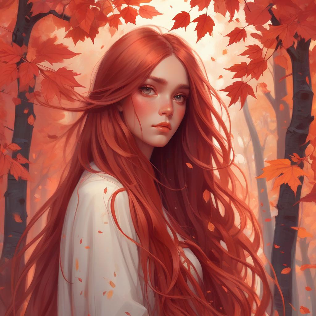  girl with super long hair, hair becoming autumn red leaves, digital painting, detailed eyes, art by artgerm and greg rutkowski and alphonse mucha