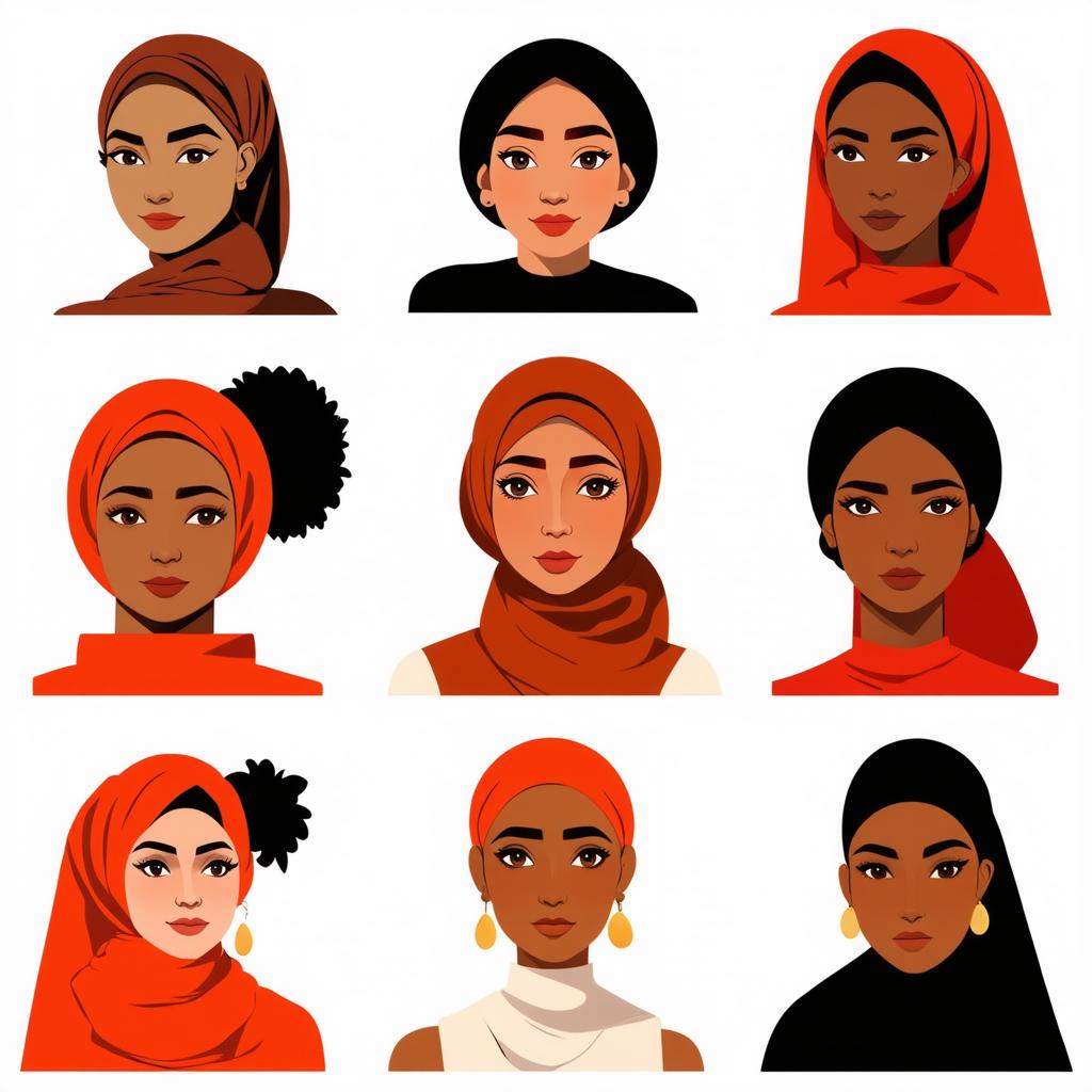  flat illustration, flaticon, (illustration:1.15), different beauty. set of different female heads in headscarf. different races and nationalities. colored hand drawn illustration, [cory loftis, strobist, pascal campion :: 0.2]