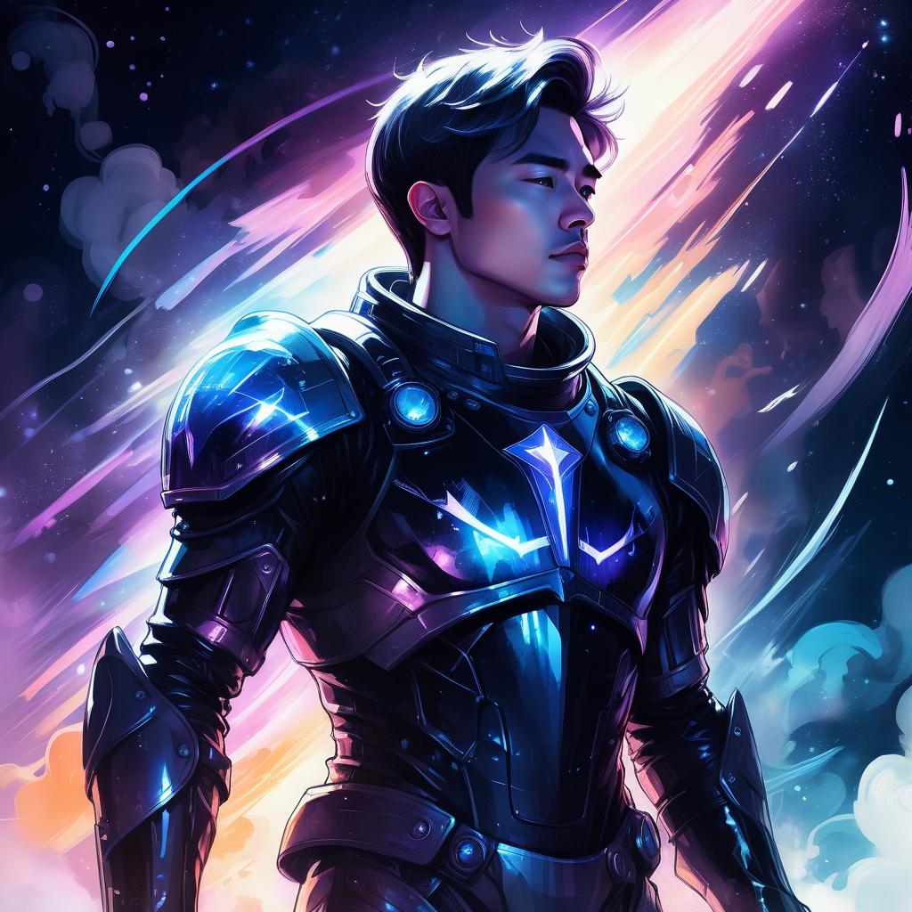  (ink sketch:1.2), (art by style of ross tran:1.4), space knight male in black spacesuit armor standing next to spaceship, traditional media, watercolor, fantasy illustration, soft colors, final fantasy, the knight of star, beautiful mysterious clouds, in a magical world, illuminated by a silvery glow. on a dark background of complex texture: stars, silver dust, abstract electric sparks, neon flashes and mystical glow. high contrast of the drawing and background. surrealism, fantasy with elements of modernity. high detail, high quality, 8k