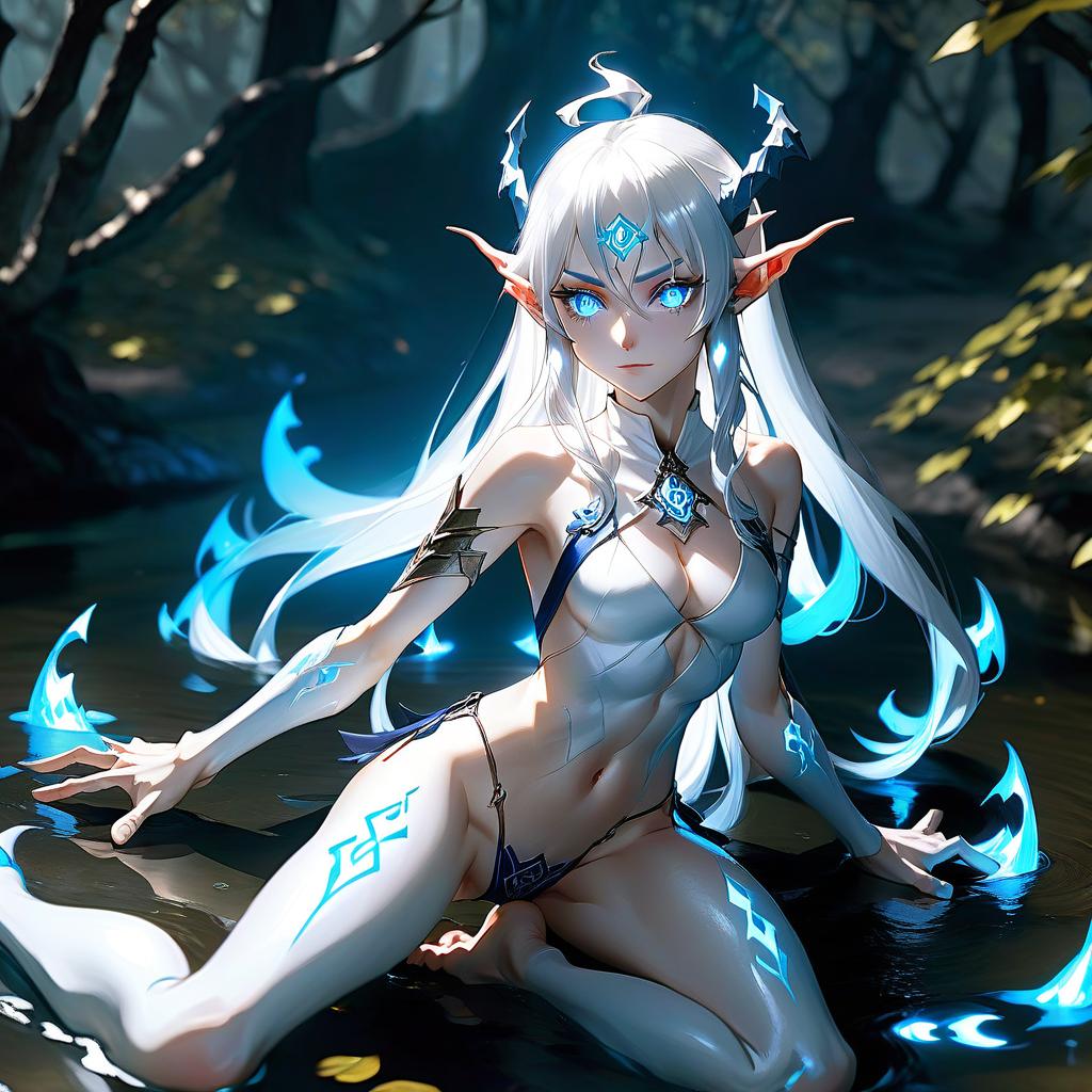  1 (half elf, half demon), body (s) fully visible ++++ (very high detail) japanese ( + ++) old white hair, 2 size, blue eyes (glowing eyes), slender body in seminal fluid, legs are wide apart, white liquid 10 meters from the camera flows from the writing, high detail, the perspective of the is distant in full growth