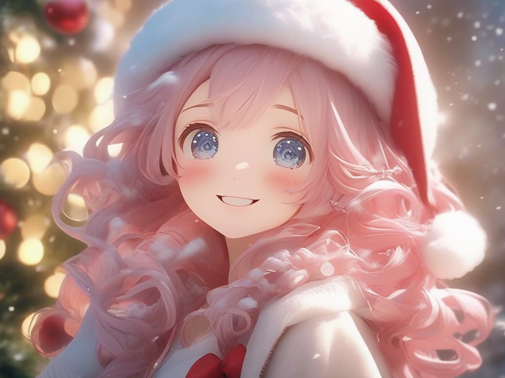  smile girls, santa cosplay, pink hair, eyes are brown, christmas is snowing, masterpiece, best quality,8k,ultra detailed,high resolution,an extremely delicate and beautiful,hyper detail