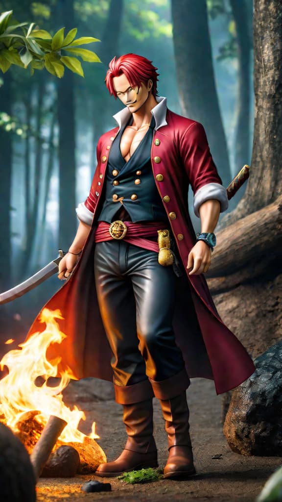  anime art: shanks from one piece, red haired pirates myth of devil fruit users unable to reach raftel. hyperrealistic, full body, detailed clothing, highly detailed, cinematic lighting, stunningly beautiful, intricate, sharp focus, f/1. 8, 85mm, (centered image composition), (professionally color graded), ((bright soft diffused light)), volumetric fog, trending on instagram, trending on tumblr, HDR 4K, 8K