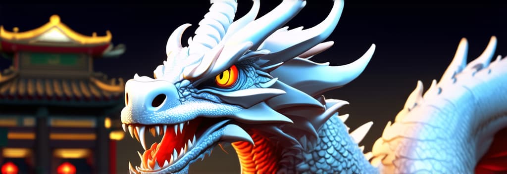  epic realistic, hyperdetailed, (cycles render:1.3), caustics, (glossy:0.58), (artstation:0.82),image of a chinese white dragon with shiny scales ((((general plan))))) against the background of a chinese city. chinese new year ar 3:1