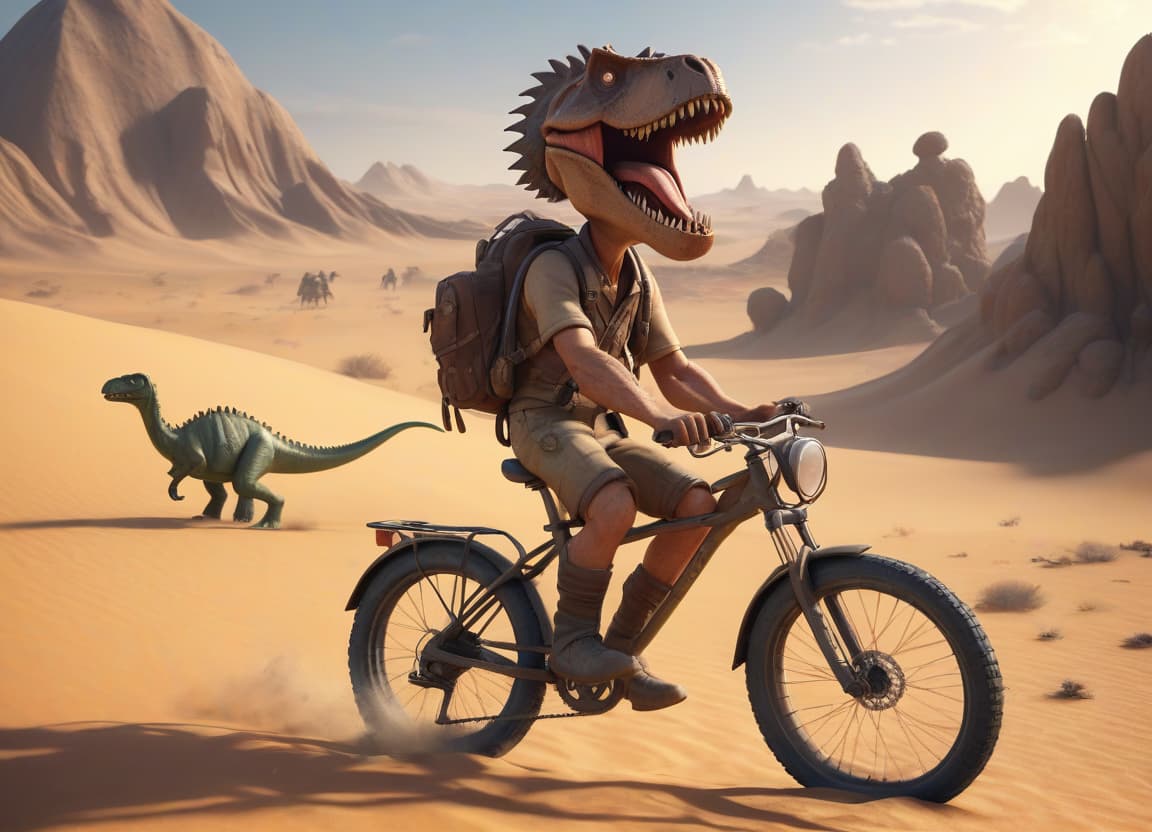  professional 3d model the main character of the computer game, a courier in the desert on a bicycle, in full growth, brave, exhausted, against the dinosaurs . octane render, highly detailed, volumetric, dramatic lighting