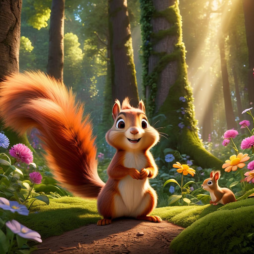  in 3d animated movie style. disney pixar style. paris, a cheerful old with golden curls, eagerly awaits the start of summer in new zealand. sammy, a mischievous squirrel, joins her on her adventures. they are in a colorful sunlit forest filled with vint flowers, fluttering erflies, and tall trees casting dappled shadows on the ground. high resolution pixar 3d animated film style with detailed rendering capturing lifelike textures and expressions. the scene is ed in bright, soft lights with warm tones illuminating the natural beauty of the surroundings, enhancing the magic of summer. depicted from a low angle perspective, showcasing paris and sammy in a dynamic pose as they ly interact in the forest setting.