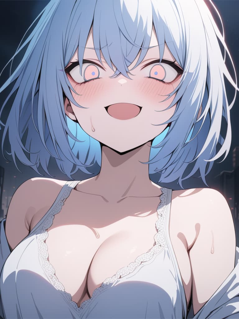  light blue hair, light blue, bob hair, darkness, hatred, angry crying, night, end of world, the edge of despair, crazy eyes, smiling, masterpiece, best quality,8k,ultra detailed,high resolution,an extremely delicate and beautiful,hyper detail