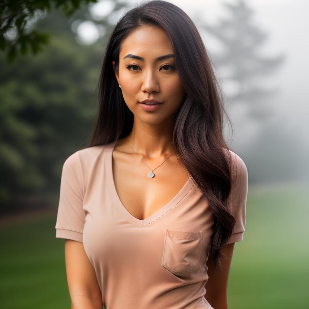  (((realistic full torso frontal head shot of a light tan skin tone woman))), eri mana fujita, ((japanese heritage)), immature face, green eye color, ((long hair style)), (( hair color)), ((skinny body type)), medium size, athletic size, (immature broad flat nose), (immature rounded cheeks), (immature soft jawline), (immature full lips), (immature prominent forehead), (immature even eyebrows), (immature slightly rounded chin), standing straight looking directly into the camera,((wearing fitted polo shirt with deep v neck and monogrammed pocket)), backyard in background, 1, best quality, highest quality, award winning photo, masterpiece, raw, professional photography, photorealism, sharp focus, cinematic, high res hyperrealistic, full body, detailed clothing, highly detailed, cinematic lighting, stunningly beautiful, intricate, sharp focus, f/1. 8, 85mm, (centered image composition), (professionally color graded), ((bright soft diffused light)), volumetric fog, trending on instagram, trending on tumblr, HDR 4K, 8K