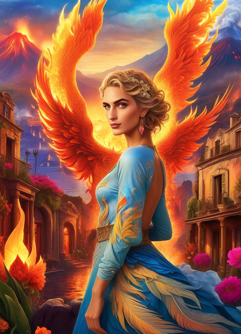  concept art (digital image, double exposure, masterpiece:1.3). (a beautiful girl in the image of a phoenix in vintage clothes, magnificent wings behind her back, expressive beautiful eyes, a look at the viewer:1.6). red ((fiery rivers of lava)), small rounded houses with pointed roofs. (background: eruption of vesuvius:1.4). a fascinating sight, (flowers from the flames:1.4), bright accents. revival. (in the style of josephine wall:1.5). high detail, realistic fantasy, 1024k resolution, hdr. . digital artwork, illustrative, painterly, matte painting, highly detailed, glowneon, hkmagic