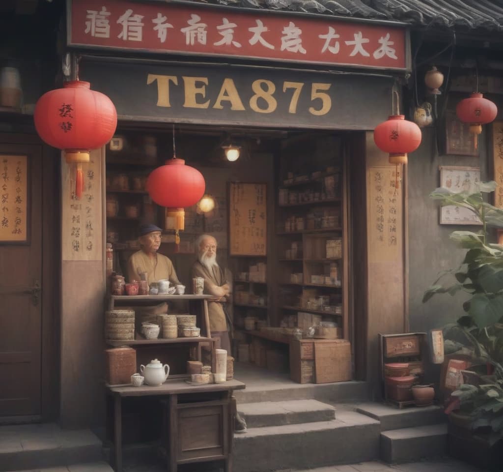  old man, chine town, tea shop, three sunflowers, text “tea875”, epic foto, 4k