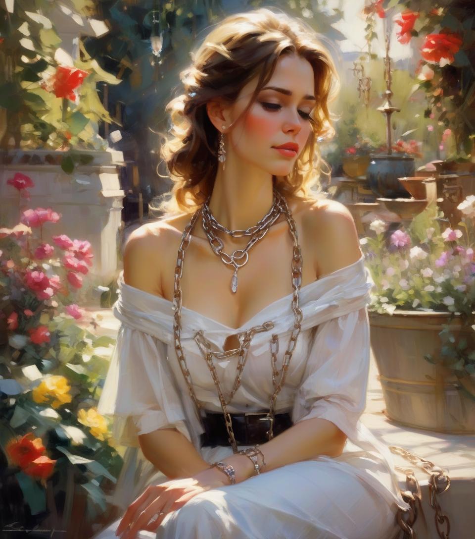  a charming lady sitting in a beautiful garden, chains around her neck, tears running down her cheeks. michael garmash, daniel f gerhartz, jeremy mann