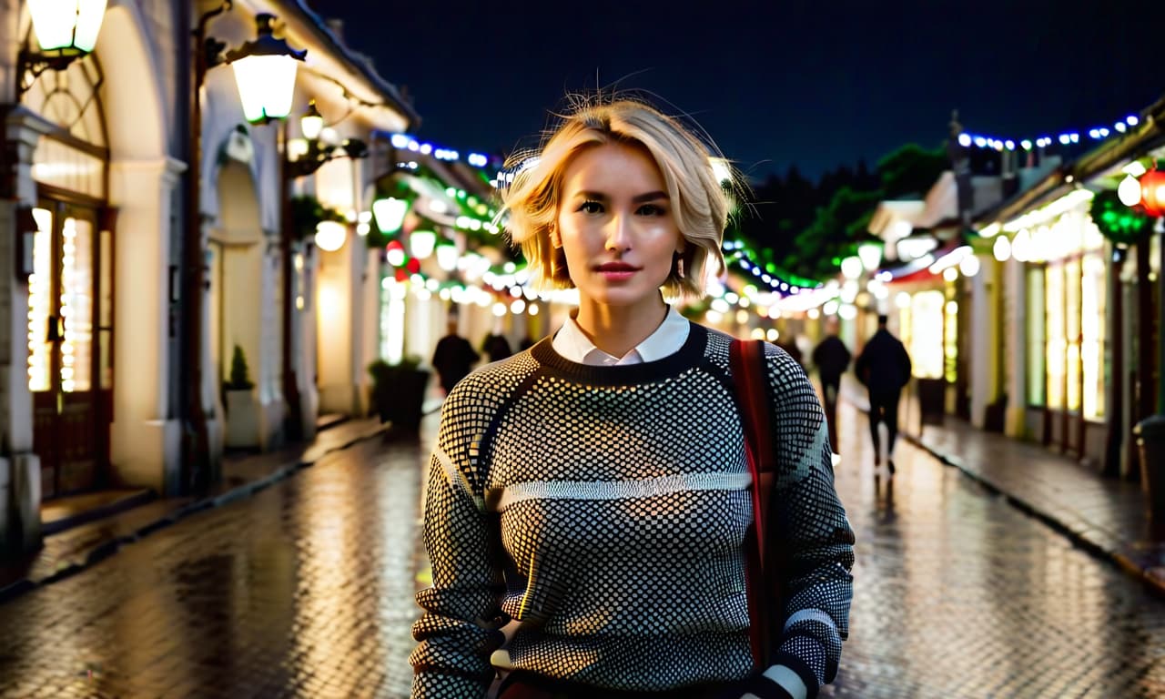  cinematic photo it's dark outside, it's late, two o'clock in the morning, the lights are dim, the lanterns are not lit, there is no lighting, she: short blond straight hair, in a sweater and trousers, runs, runs along the shops, on the right side of the square, turning the corner. he stands looking after her. . 35mm photograph, film, bokeh, professional, 4k, highly detailed, perfecteyes, perfect hands, film photography style