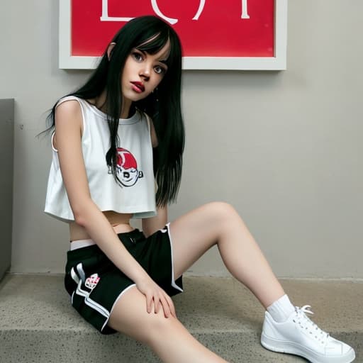  , black hair, clock, crop top, lips, long hair, looking at viewer, midriff, red shirt, shirt, shoes, short sleeves, shorts, sitting, sneakers, solo, white footwear, white , white shorts