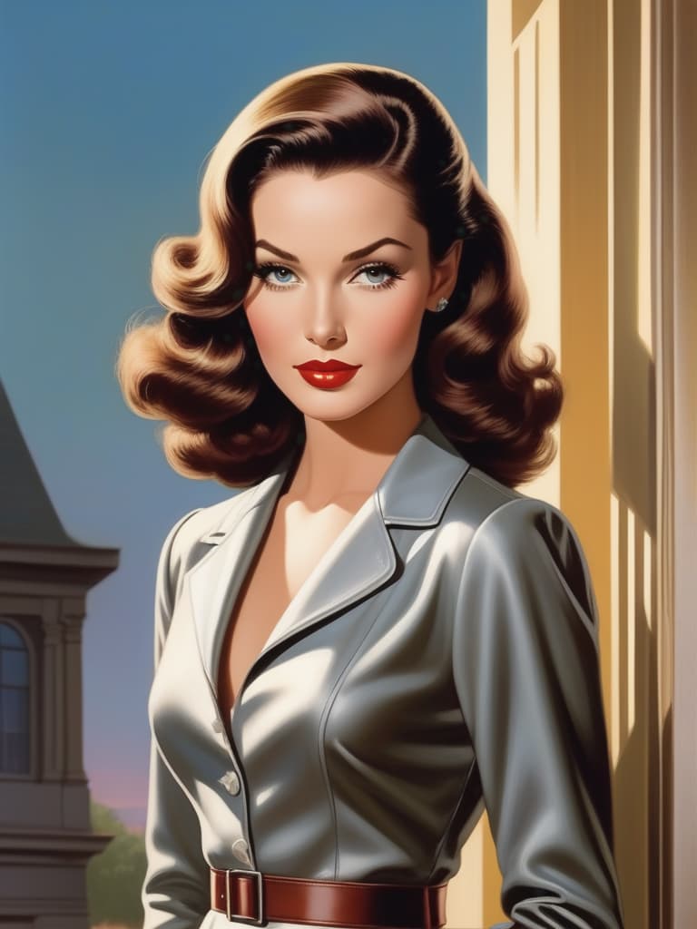  create an image of a striking young woman with clasic mid 20th century beauty. she has brown, shoulder length hair, styled in soft, elegant waves, typical of the 1950s or 1960s glamour. her eyes are a bright, piercing light gray, framed by dark, well defined brows, giving her an intense yet sophisticated gaze. her facial features are sharp and refined, with high cheekbones, a strong jawline, and full lips. she has a tall and athletic figure, standing confidently, with an air of elegance and strength, reflecting her famous roles. dress her in a tailored, form fitting outfit, like a sleek, high fashion dress or a vintage leather jacket, evoking her iconic roles in action and spy films. the overall mood should radiate confidence, grace, and a 