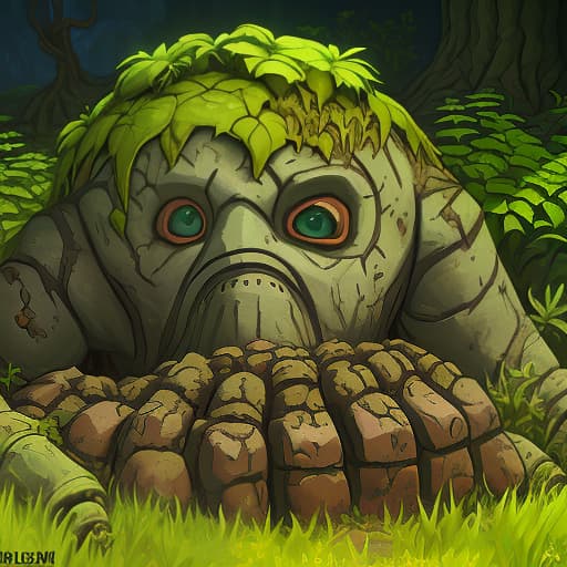  golem body buried in the ground and overgrown with plants, arcane style, borderlands style, telltale games style, oil painting, simple colors, low detail, vivid colors, defined lines, defined edges, digital art, cartoon look, cartoon style, sharp shadows, dark