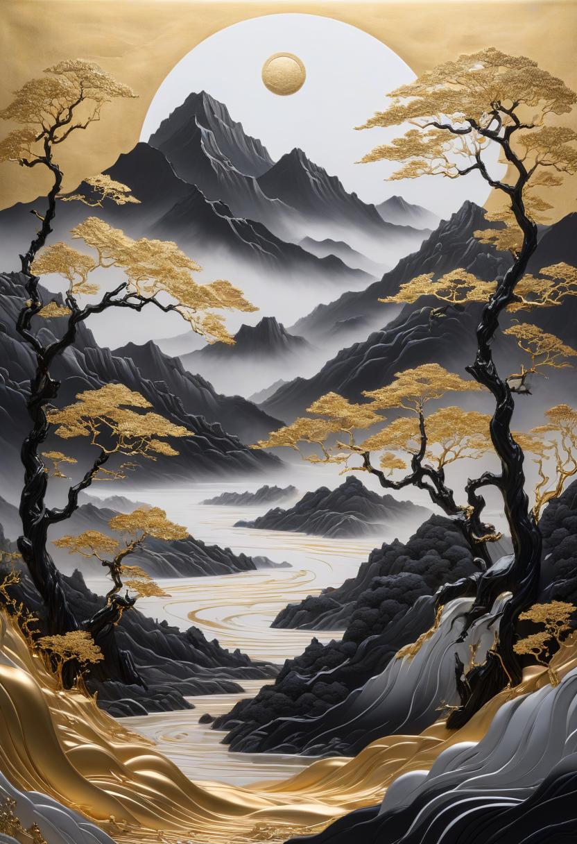  abstract gold, silver and black painting of oriental winds with mountains and trees, a golden sun and moon hanging on the wall against a white background, with gold dripping from the edges in the style of an oriental artist. hyperrealistic, full body, detailed clothing, highly detailed, cinematic lighting, stunningly beautiful, intricate, sharp focus, f/1. 8, 85mm, (centered image composition), (professionally color graded), ((bright soft diffused light)), volumetric fog, trending on instagram, trending on tumblr, HDR 4K, 8K