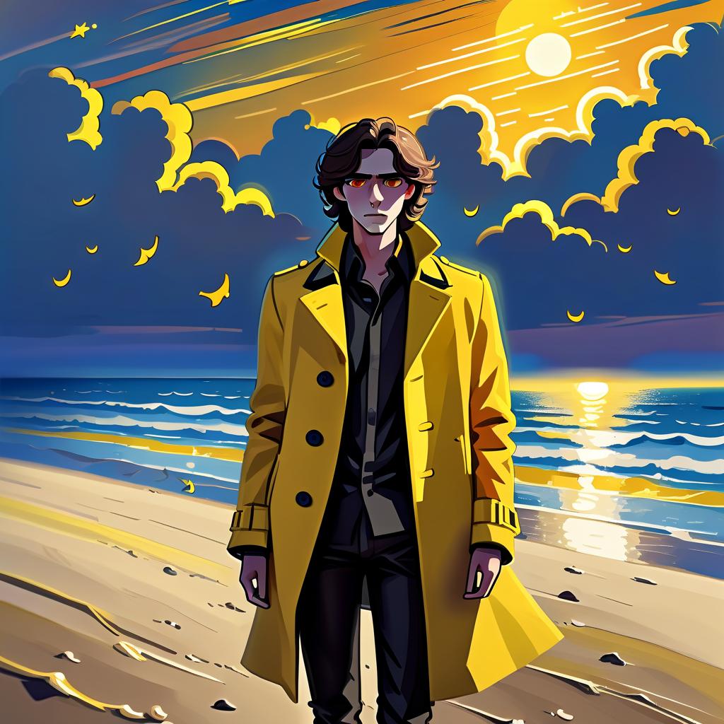  expressionist a young man stands alone on the beach. he has long dark brown hair, which flies slightly in the breeze. his face, with pronounced jewish and slavic features, radiates lively energy. brown eyes are full of deep emotions, as if reflecting the vast expanses of the ocean. he wears a bright yellow coat that seems to shine, catching the eye and contrasting with the soft shades of the sunset. under his coat he wears a black shirt and black pants are decorated with yellow elements, creating a stylish and dynamic look. the sunset with the night sky with bright blue, blue and yellow stars, and the outgoing red sun rays fall on the terrain in bright red stripes contrasting with the oncoming night. the image uses such colors and shades of