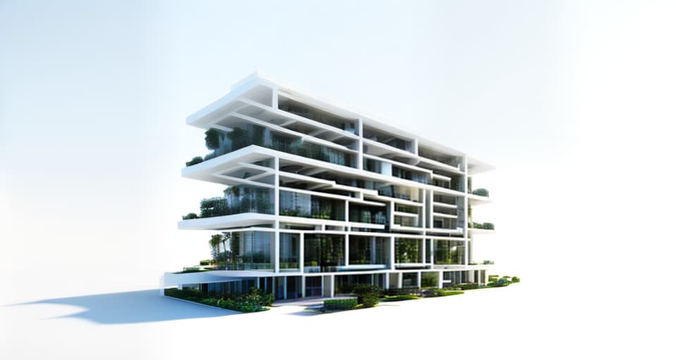 mdjrny-v4 style architecture, high quality, exterior perspective, 3 story rc building, large eaves on the ground floor as an entrance to welcome visitors, balcony with lush vegetation, modernist architecture, clear blue sky in the background, random facade, built facing a large, busy street, vertical tone