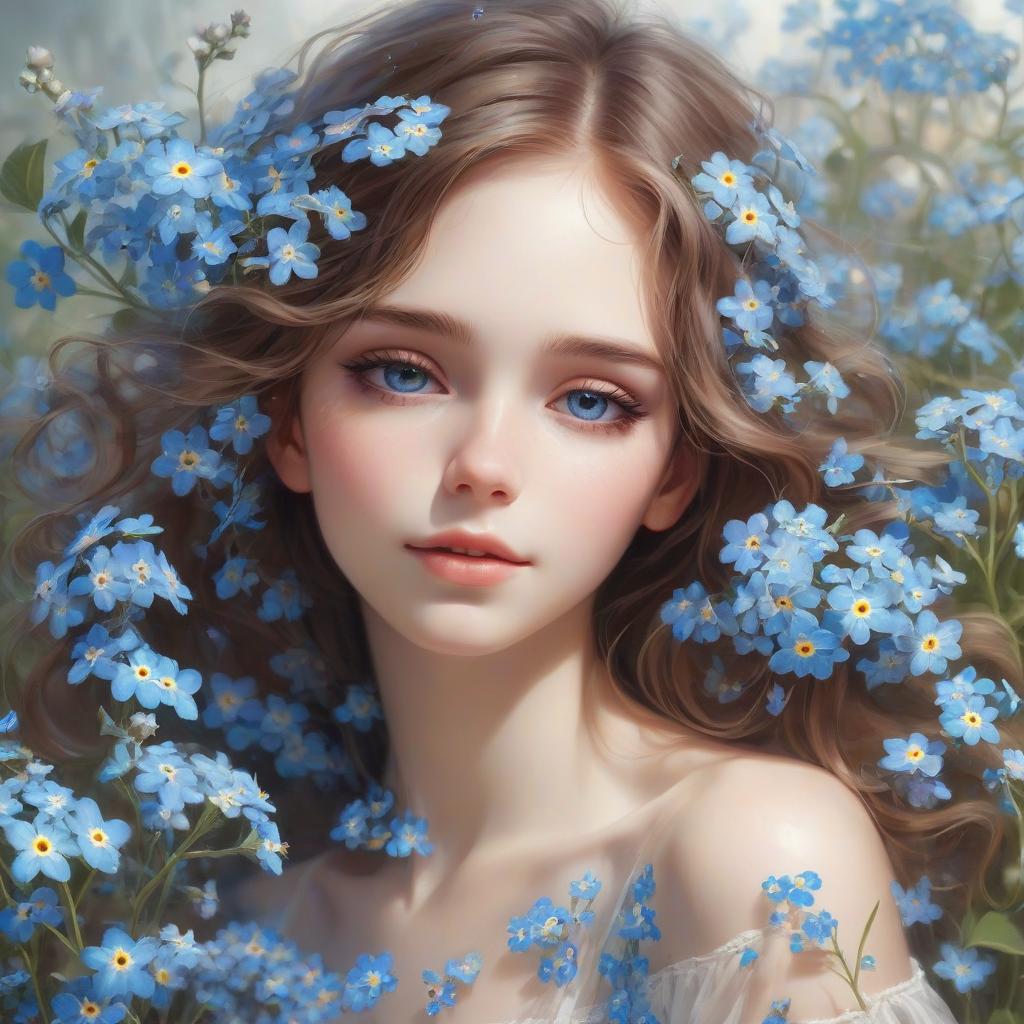  forget me nots, beautiful girl, joy, gentle, beautiful, transparent, colorful, detailing