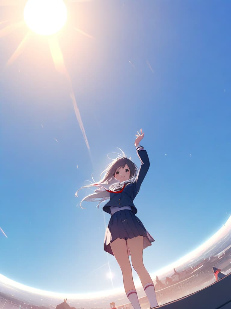  (beautiful girl:2.0)(in school uniform:2.0)(smiling:2.0)(jumping:2.0)(school yard:2.0)(blue sky,sun,clear sky:1.7) masterpiece,high quality,16k,super analysis