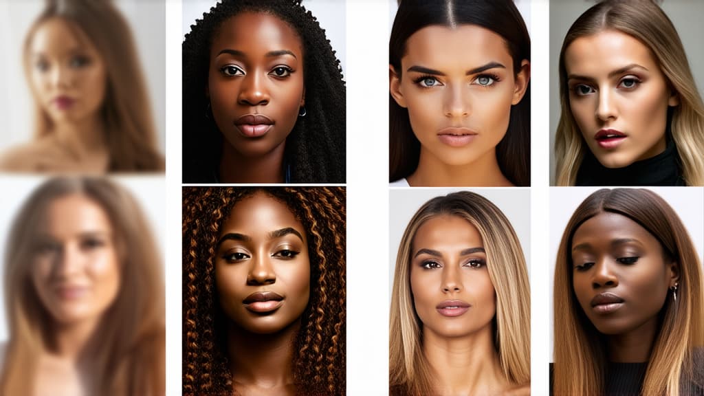  different beauty. set of different female heads on light background. different races and nationalities. ar 16:9, (natural skin texture), highly detailed face, depth of field, hyperrealism, soft light, muted colors