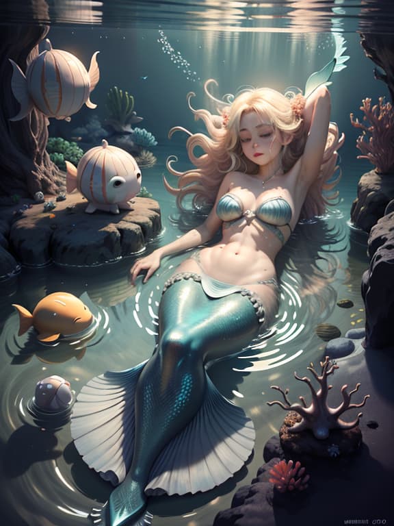  master piece, best quality, ultra detailed, highres, 4k.8k, mermaid, swimming gracefully in the water, serenely content, break a mermaid with a blonde hair fish tail, underwater coral reef, colorful coral, seashells, and sea anemones, break peaceful and dreamy, soft sunlight filtering through the water, creating a tranquil ambiance, lunarpunkai