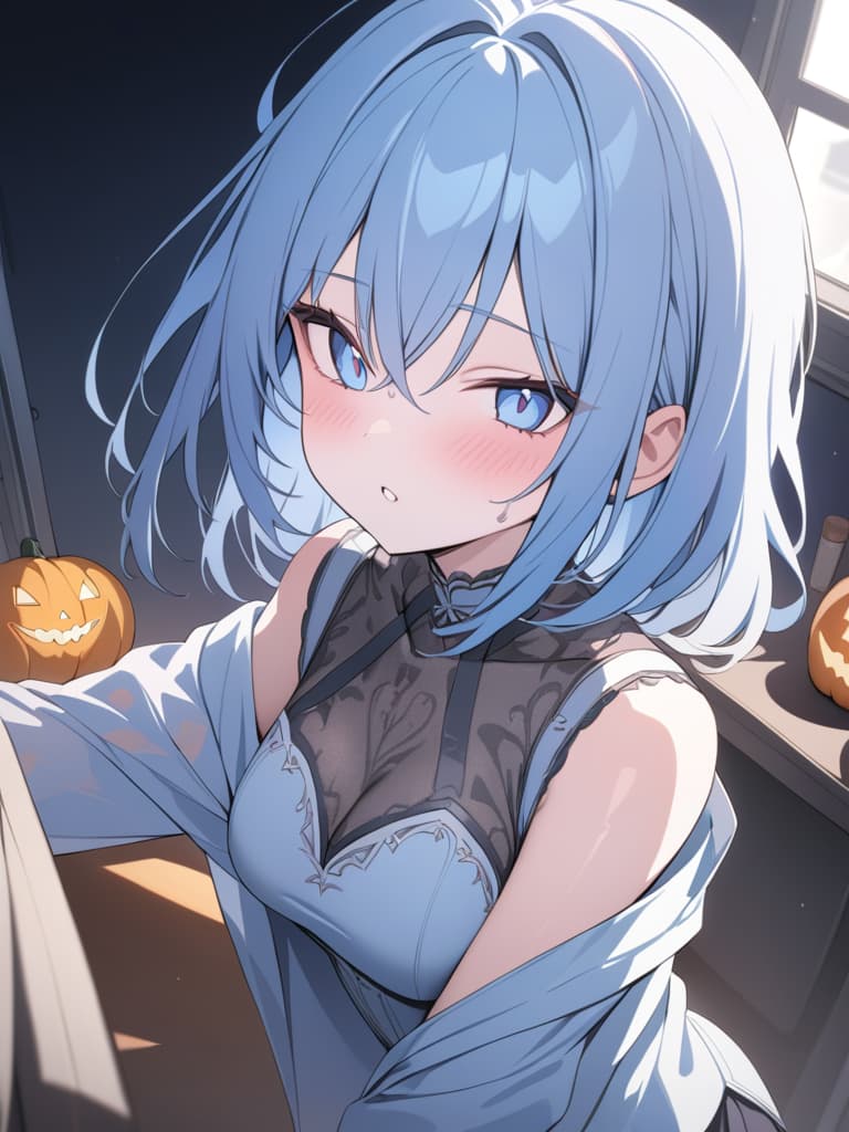  halloween, zombies, light blue, light blue hair, bob hair, masterpiece, best quality,8k,ultra detailed,high resolution,an extremely delicate and beautiful,hyper detail