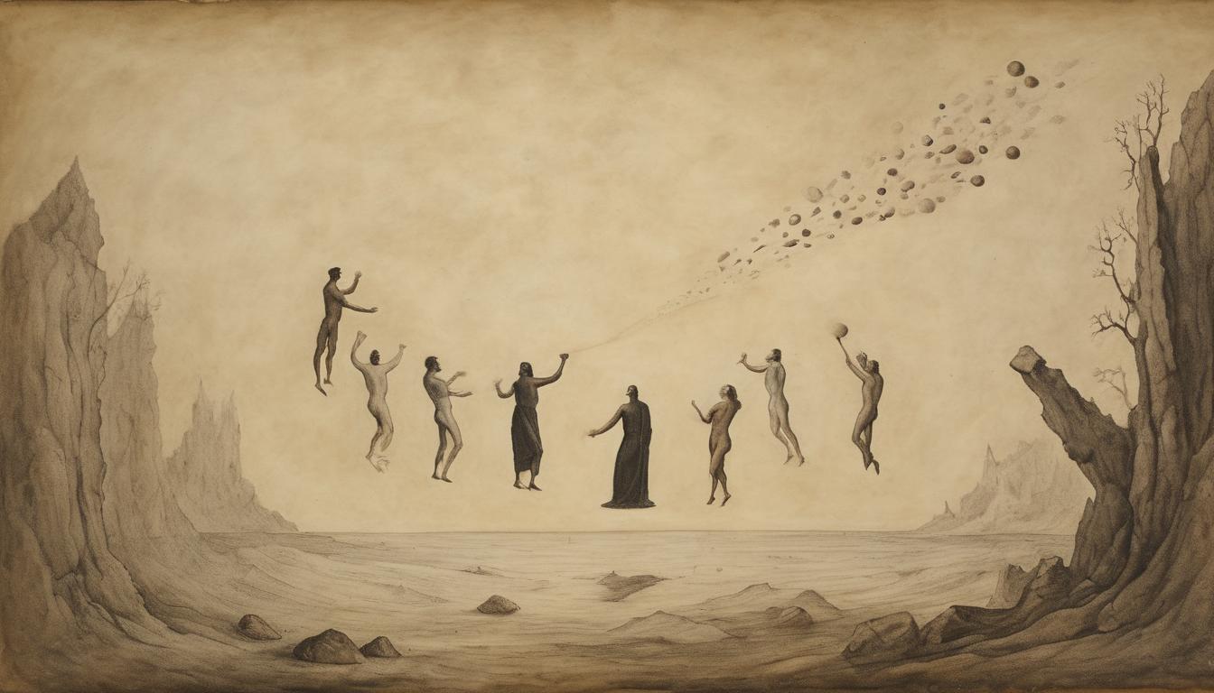  on parchment, surrealism++, a group of people throwing stones at a lone figure, stones suspended mid air, ethereal glow around lone figure, judgement(mysterious, provocative, symbolic)++