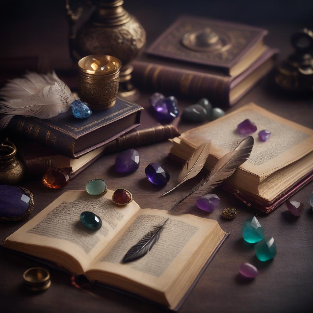  cinematic film still closed book of spells on a table with different precious stones and a feather with an inkwell . shallow depth of field, vignette, highly detailed, high budget, bokeh, cinemascope, moody, epic, gorgeous, film grain, grainy