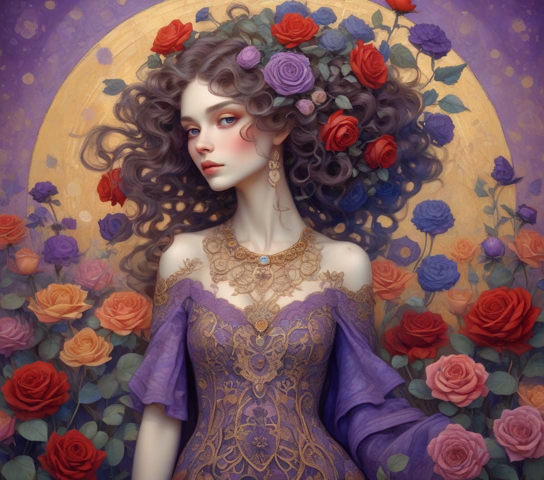  a close up full body portrait of an stylish beautiful woman dressed in klimt style with a beautiful and very detailed face,style of jean baptiste monge, van gogh style, so many kind of flowers ,roses, klimt style. sunset. background, masterpiece, use shades of purple , blue, red and green best quality, super detailed, high resolution, very detailed, 8k uhd, realistic, (natural light), amazing, fine details, best, high quality, raw photo. arte nova. ember filigree and lace.