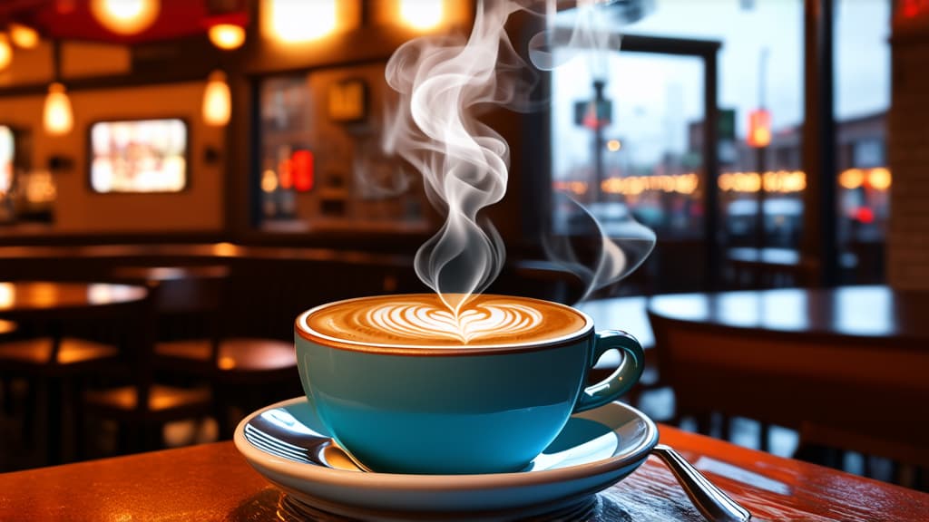  coffee cup with smoke coming out of it in the form of a with an air , airbrush, tumblr, dramatic pose, x ray ar, city cafe background, waving strands of smoke, , cute work, coffee diner ar 16:9 {prompt}, maximum details