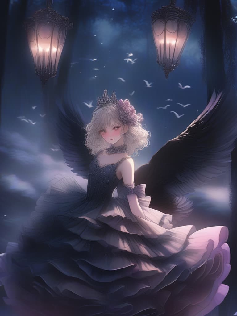  detailed,vivid colors,rough forest background,(masterpiece,hyper quality 1 5),ultra detailed,highlight eyes,detailed face,looking,scenery,master piece,best quality,ultra detailed,high resolution,8k,a ballerina,ballerina clothes,cute dollike girls,a sea of clouds illuminated by moonlight,dark forest world,magical animals,charming girls,gothic lolita,100 tiered ruffle,dark gradient,black swan