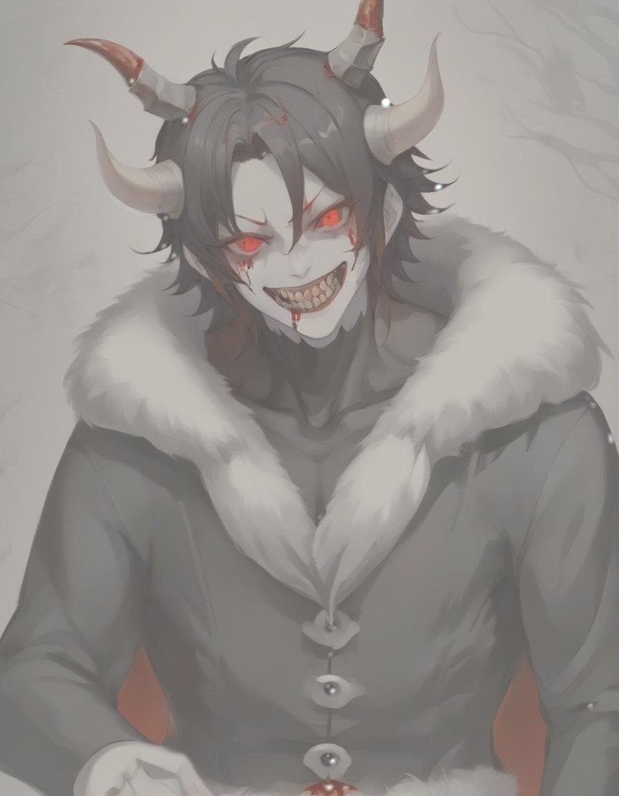  bloody demon, red horns, red eyes, smile with black teeth, completely covered with blood