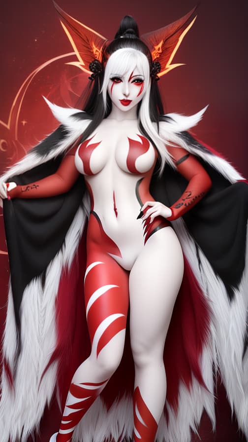  Full body red and Black flame pattern body paint, White body paint on the whole body, White face paint on the face, Dark elf 女性