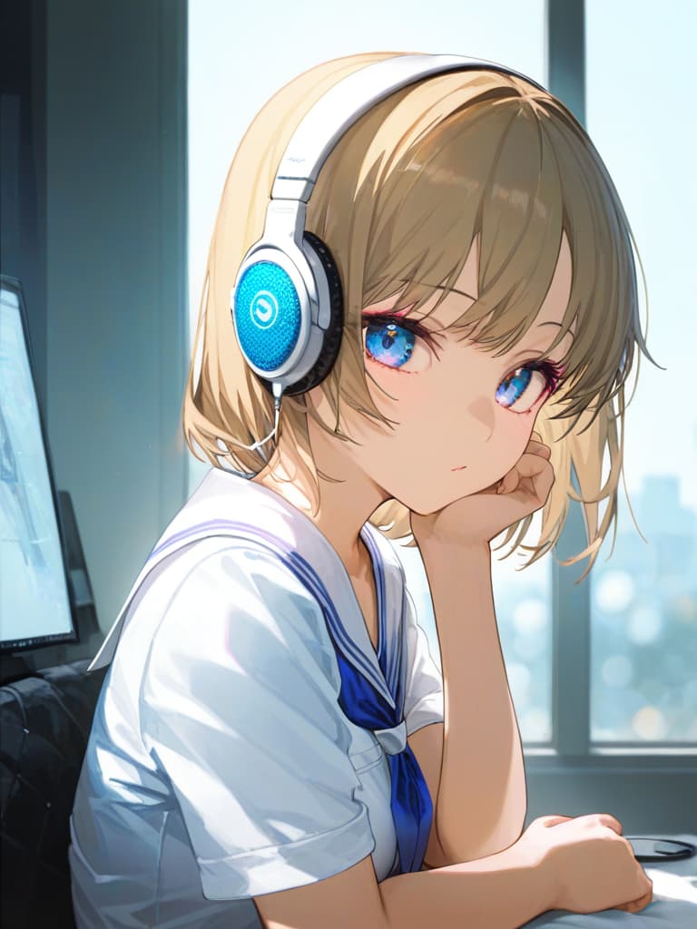  headphones, whole body, blue eyes, blonde bob cut s, white pleated s, white sailor uniforms, s who smoke spider nest on the left arm, with purple rose on the left , headphone, masterpiece, best quality,8k,ultra detailed,high resolution,an extremely delicate and beautiful,hyper detail