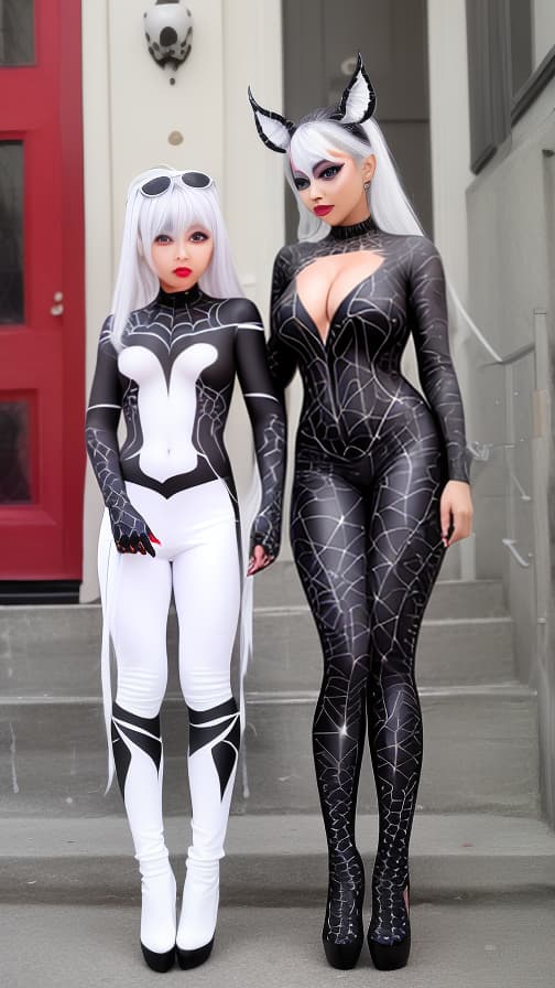  Black Spider-patterned body paint in every corner of the whole body, full-body, silver body paint, White face paint on the face,Two Dark elfs 女性