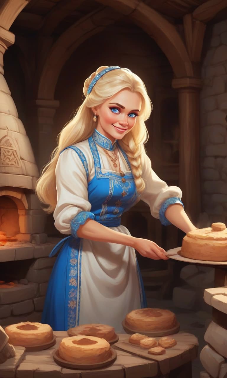  masterpiece, the best quality, a russian woman in traditional clothes prepares cakes in a stone oven, a very light smile, tense, piercing eyes, blue eyes, flowing blond hair, dressed in a traditional russian outfit, cooks in the open air, inside a wooden castle, against the background of an ancient russian throne room in a wooden castle, cartoon style, cute,