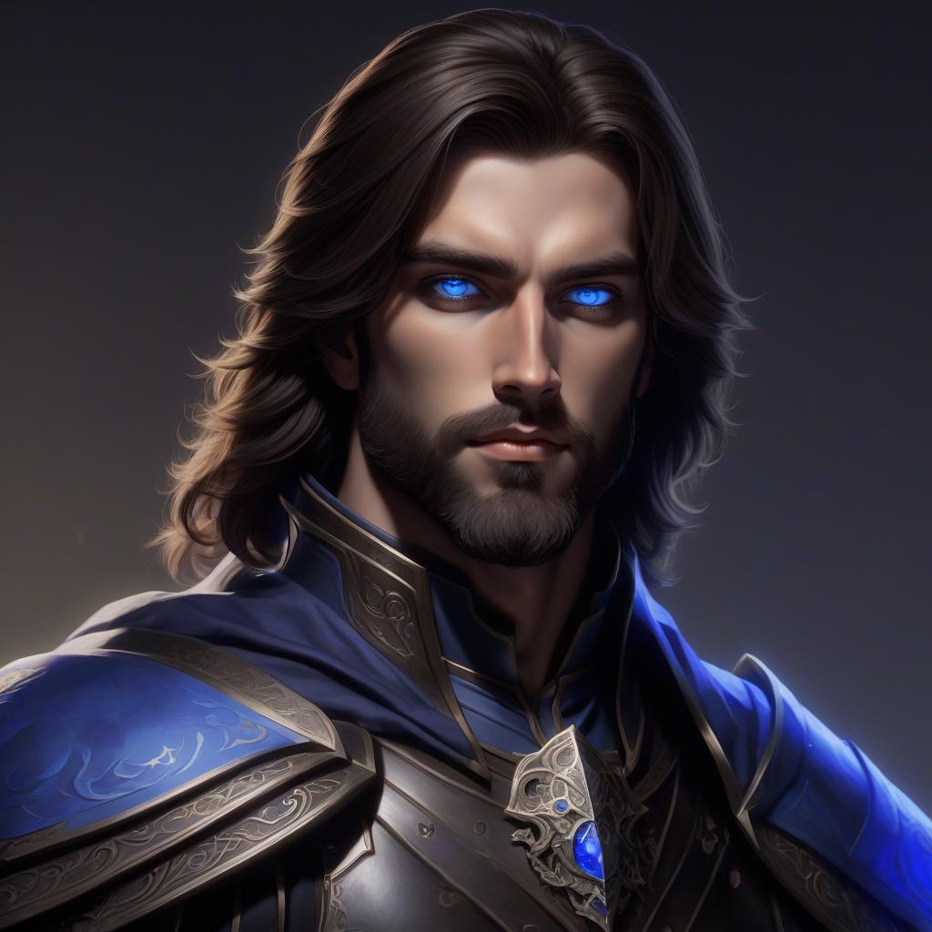  dark paladin, young male face, dark brown hair and beard, blue eyes, full height