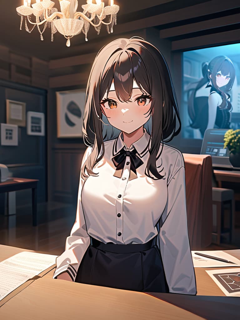  1girls,light smile,gravure idol,medium hair,brown hair,sidelocks,brown eyes,tighs shirt,large , room,monitor room,close up,(masterpiece:1.2),(best quality:1.2),(very aesthetic:1.2),(absurdres:1.2),(detailed background),newest,perfect anatomy,intricate details,pencil mini, uniform,blue tights,perfect body,nice body,curvy,hud vc lr,chair,table,art (object),chandelier,black hair