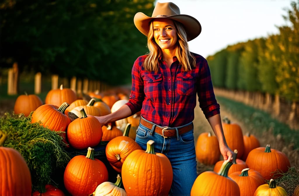  farmer woman in jeans and plaid shirt harvesting pumpkins on her farm, autumn, ridge light ar 3:2, (natural skin texture), highly detailed face, depth of field, hyperrealism, soft light, muted colors