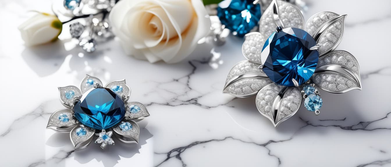  3d wallpaper white jewelry flowers with blue diamond on white marble background