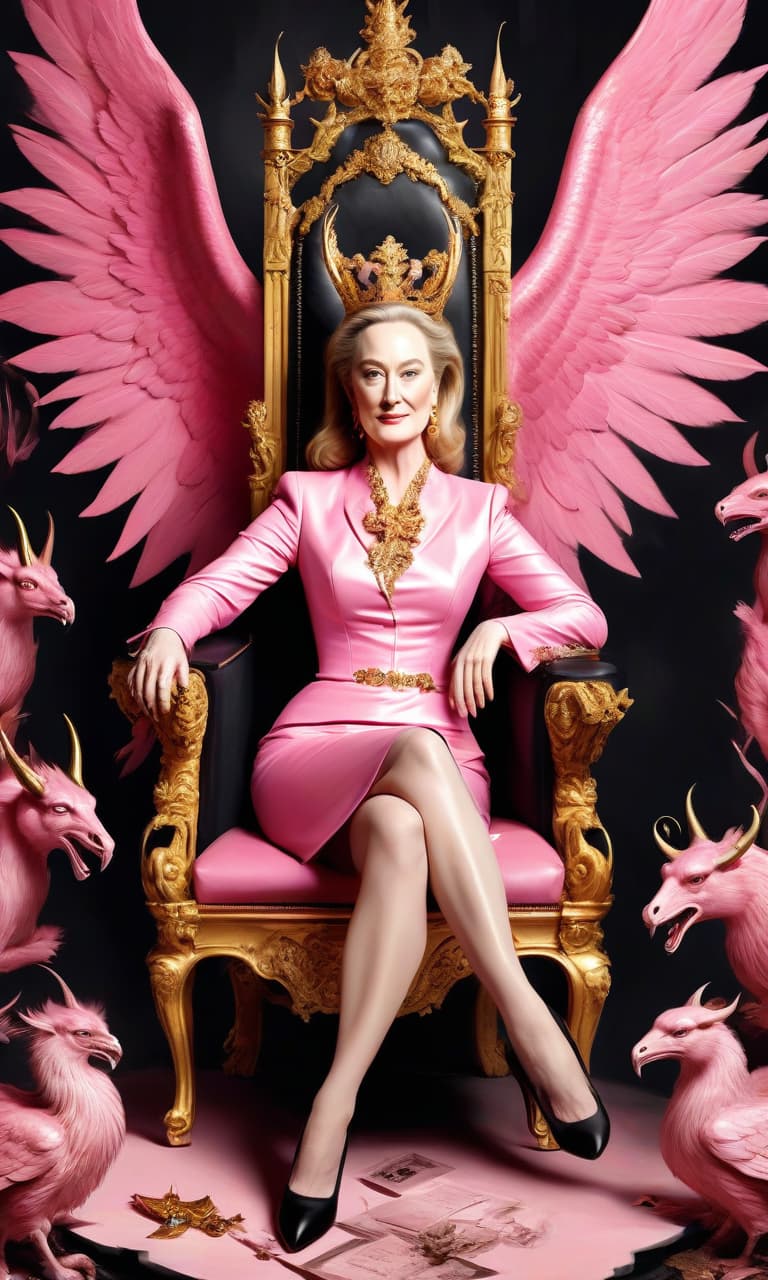  concept art pink, gold, black, white hell, near evil and demons. meryl streep on the throne of satan chic prada shoes . digital artwork, illustrative, painterly, matte painting, highly detailed, perfect hands