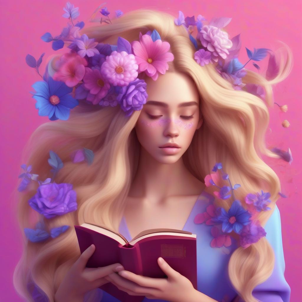  art of fantasy girl with flowers inside her head like her thoughts and growing from her long very thick blondy hair, hair fluttering in the wind with a book with flowers in her hands, covering half of her face pink and blue and purple colors on the background cartoon style 3d, hq, 4k for modern mobile app